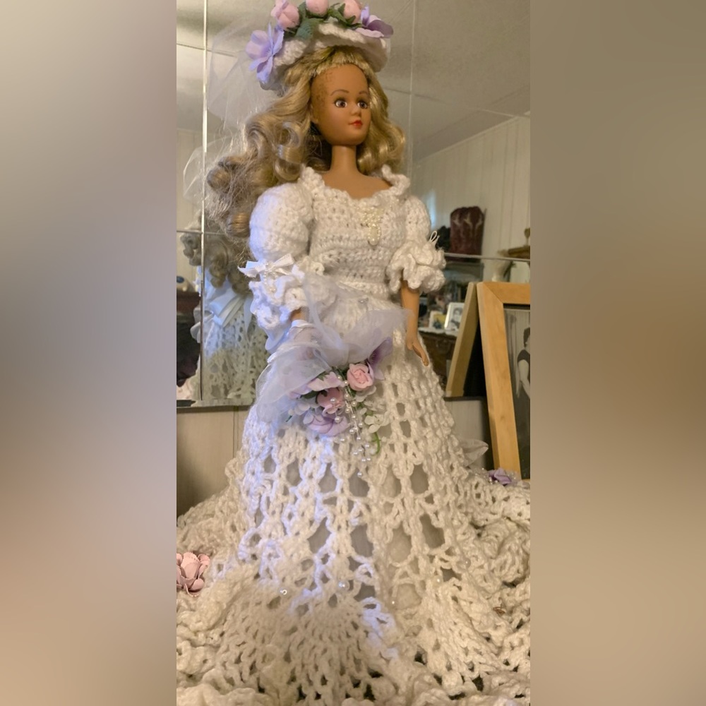 20” tall Vintage Doll, Crocheted Wedding Dress